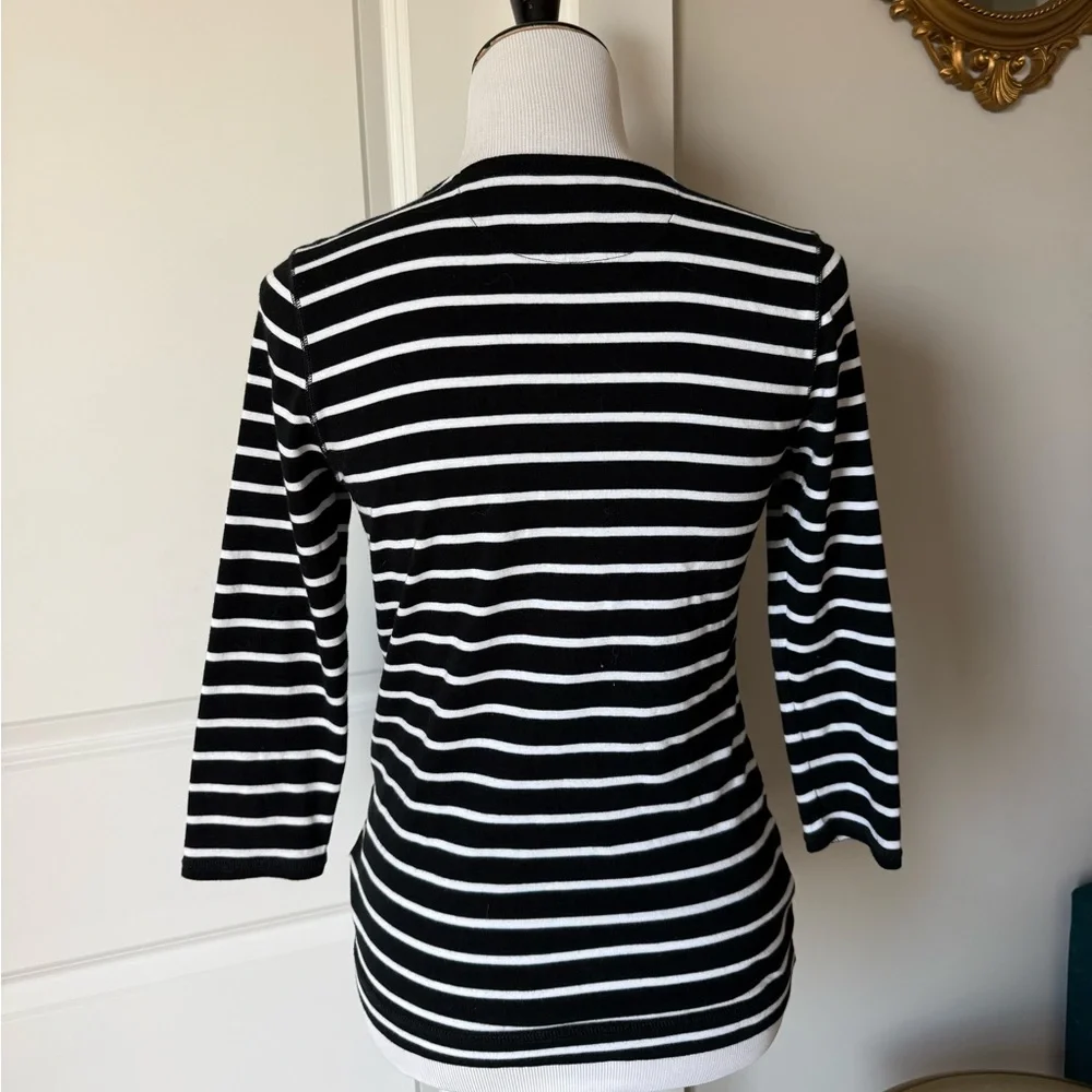 Lauren Ralph Lauren Black White Striped Henley 3/4 Sleeve Top M - Picture 2 of 4